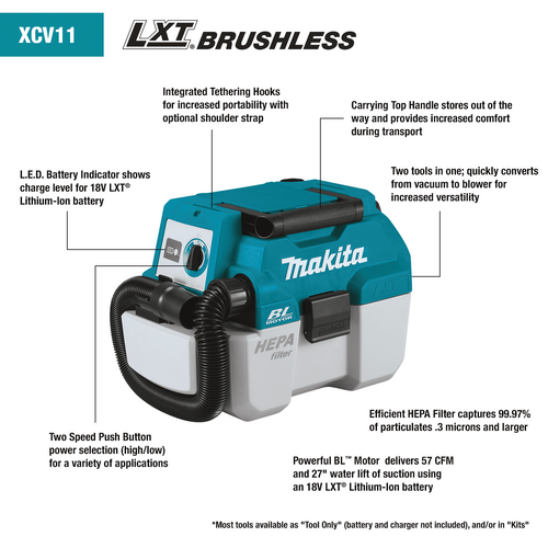 Makita 18V LXT® Lithium‑Ion Brushless Cordless 2 Gallon HEPA Filter Portable Wet/Dry Dust Extractor/Vacuum, Tool Only
