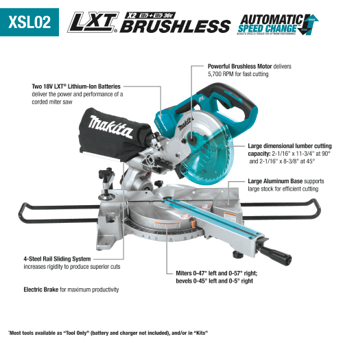 Makita XSL02Z 36V (18V X2) LXT® Brushless 7‑1/2 Dual Slide Compound Miter Saw, Tool Only